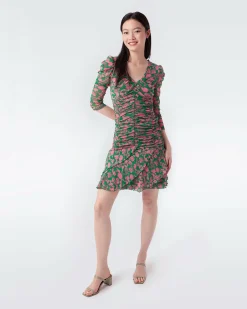 Marcelle Pleated Mesh Dress In Billiard Green Begonia Leaves