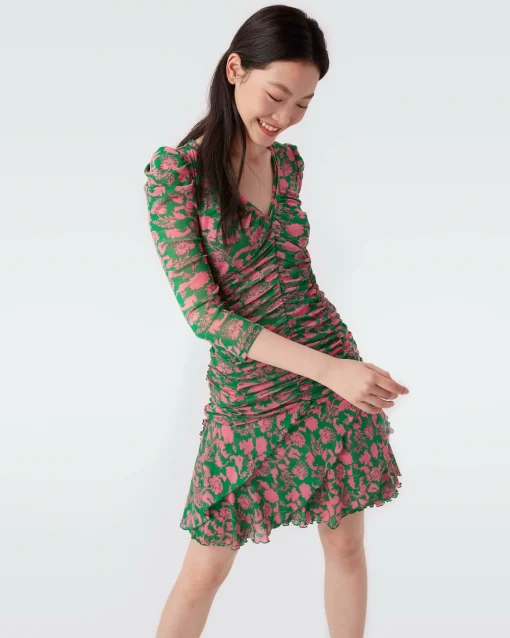 Marcelle Pleated Mesh Dress In Billiard Green Begonia Leaves